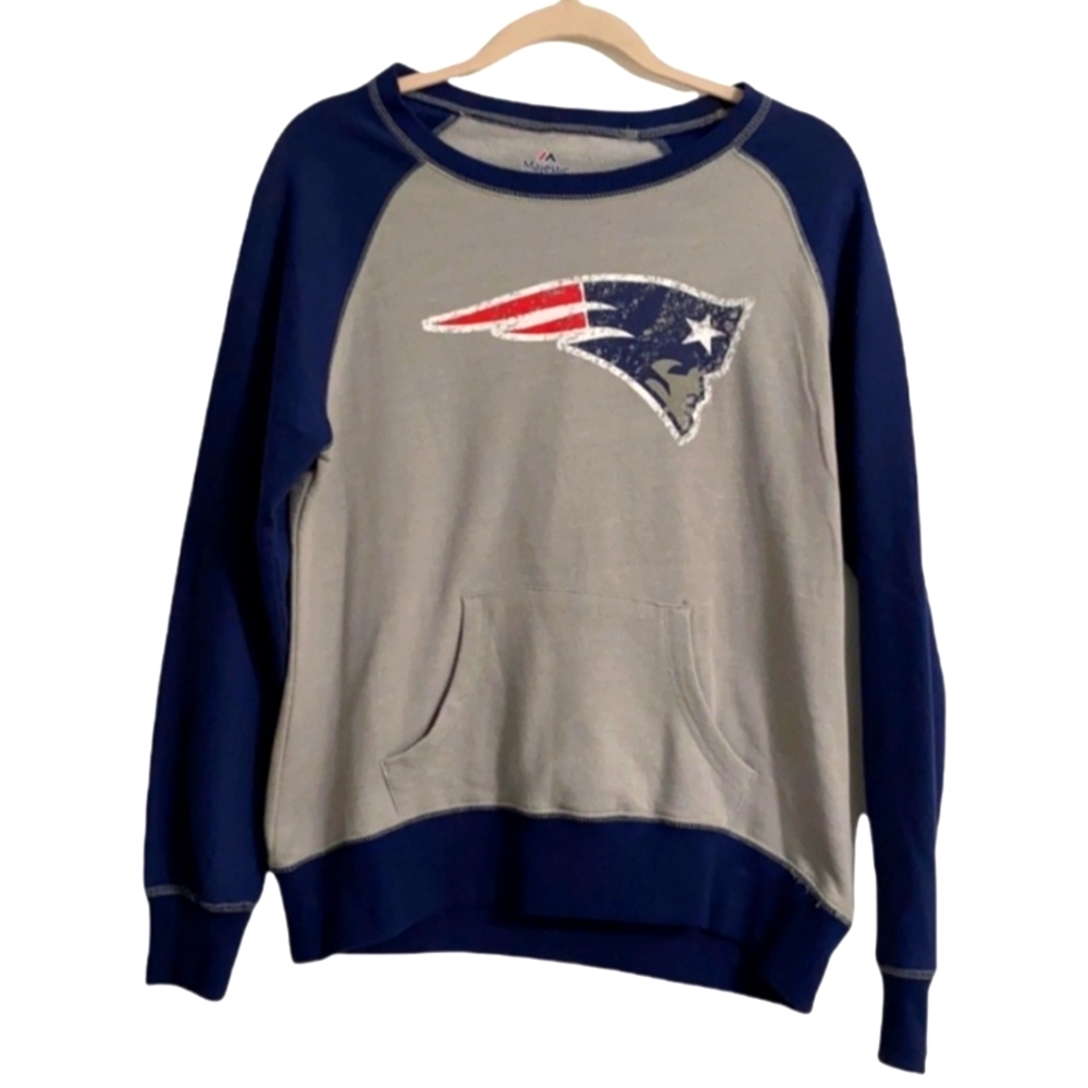 Majestic Patriots Grey & Blue Pocket Sweatshirt Men Size M